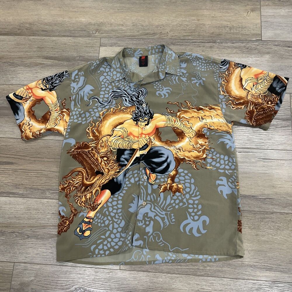 Vintage Flaming Warrior Y2K Dragon Button Up Shirt Size Mens XL Relaxed